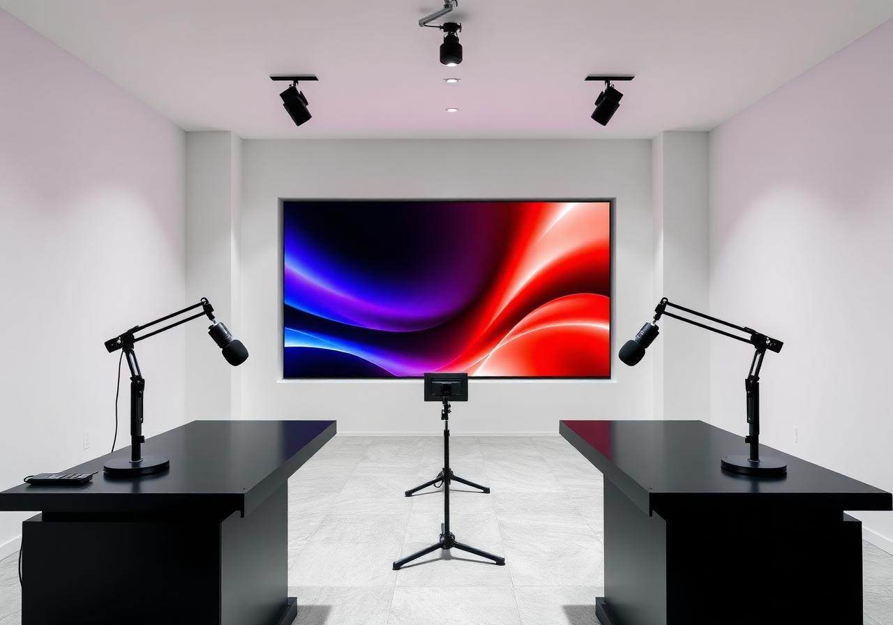 Studio B with LED video wall and two broadcast microphones